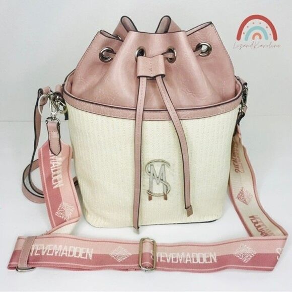 New! Steve Madden Bucket Straw Faux Leather Blush Pink Bohemian Beach TikTok Bag - Picture 1 of 11